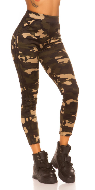Trendy camouflage leggings met contrast streep zwart